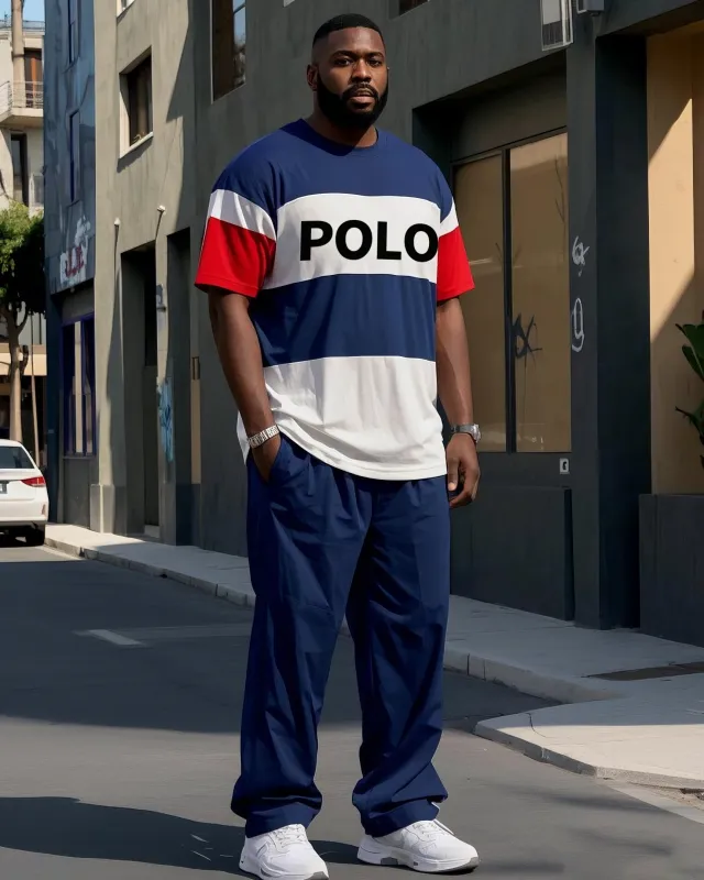 Plus Size Men's Simple Black Blue Red Stripe POLO Letter Printing Casual Short-sleeved T-shirt Pants Suit sold by Biggmans