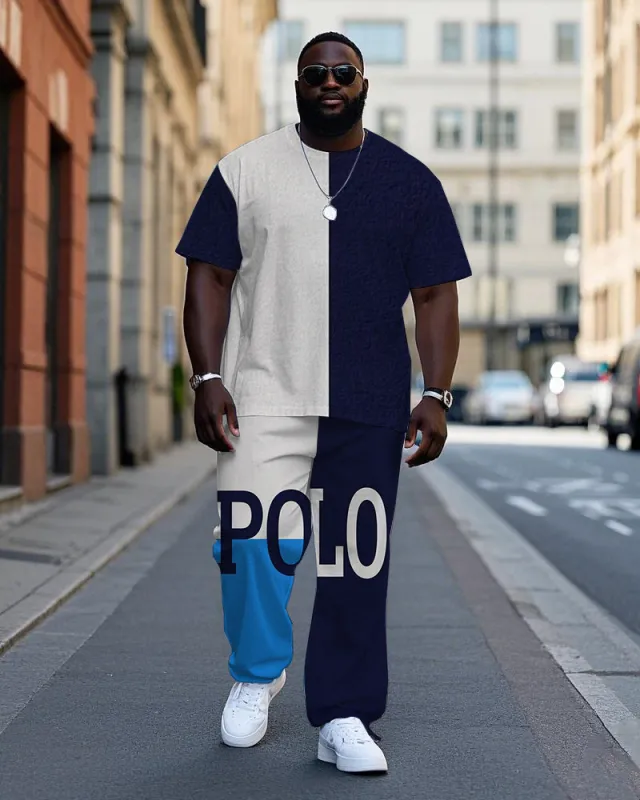 Big Men's Simple Casual Splicing Color Block Blue Letter POLO Printed Short Sleeve T-shirt Pants Set sold by Biggmans
