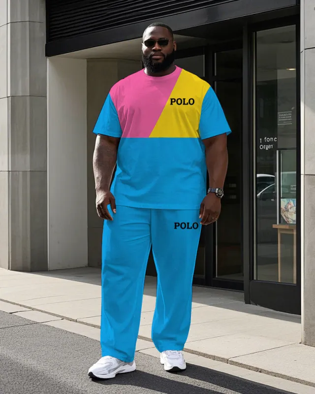 Big and Tall Men's Colorful Color Block POLO Letter Printed Casual Short Sleeve T-shirt Pants Set sold by Biggmans