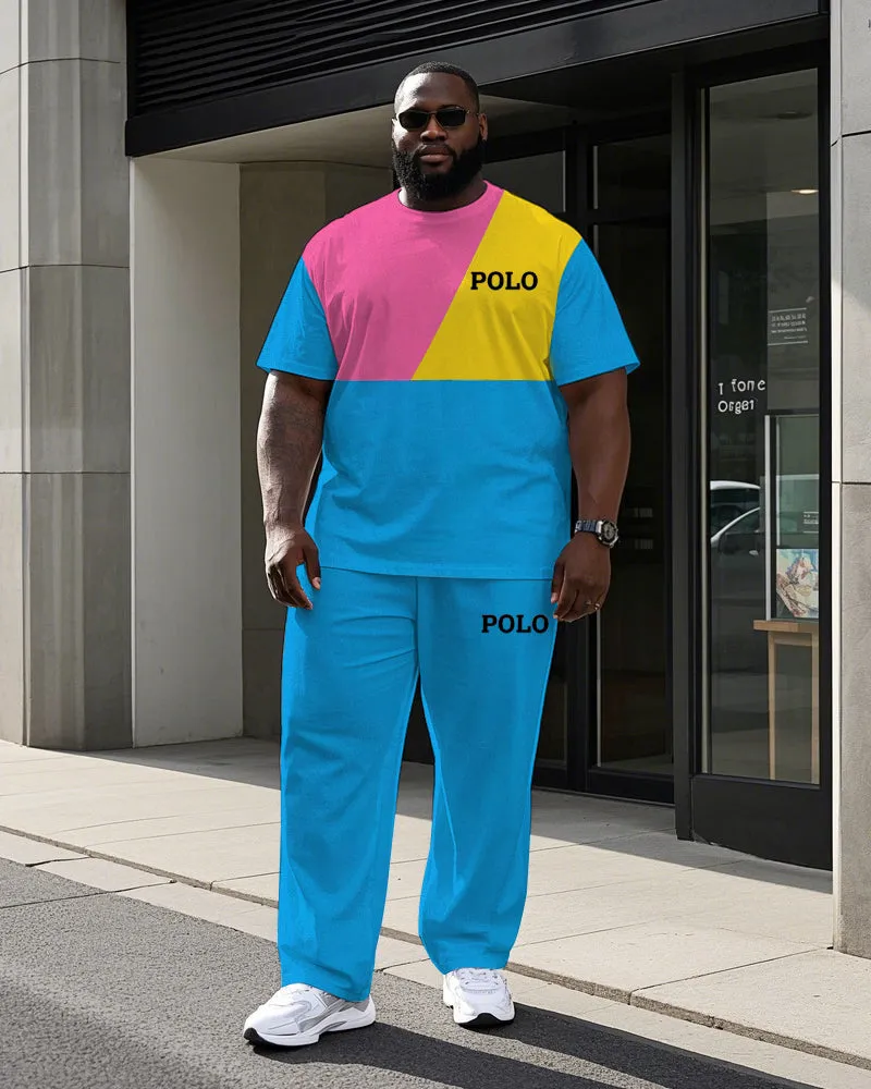Big and Tall Men's Colorful Color Block POLO Letter Printed Casual Short Sleeve T-shirt Pants Set sold by Biggmans