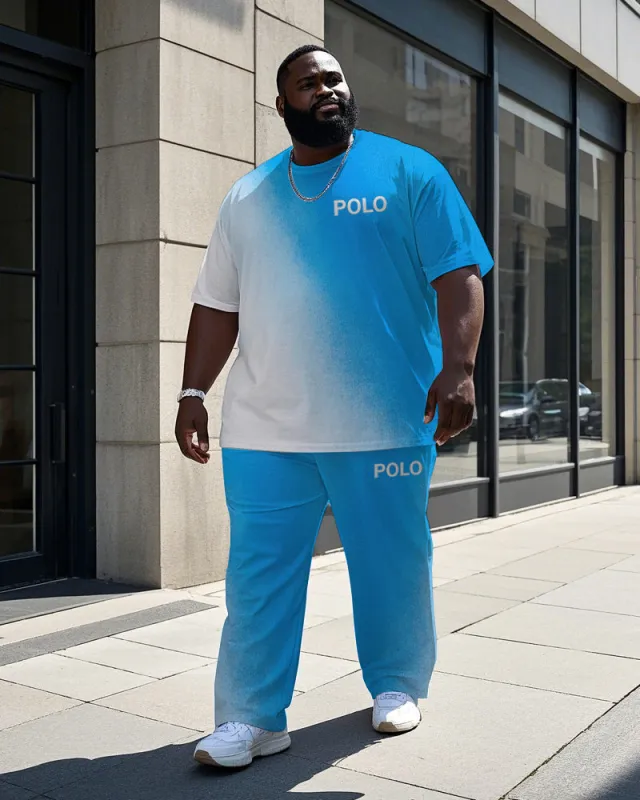 Big and Tall Men's Gradient Splicing Style POLO Letter Printed Short Sleeve T-shirt Pants Set sold by Biggmans
