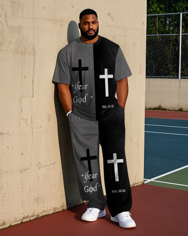 Men's Streetwear Splicing Style Cross Printed Big & Tall Short Sleeve T-shirt Pants 2-Piece Set sold by Biggmans