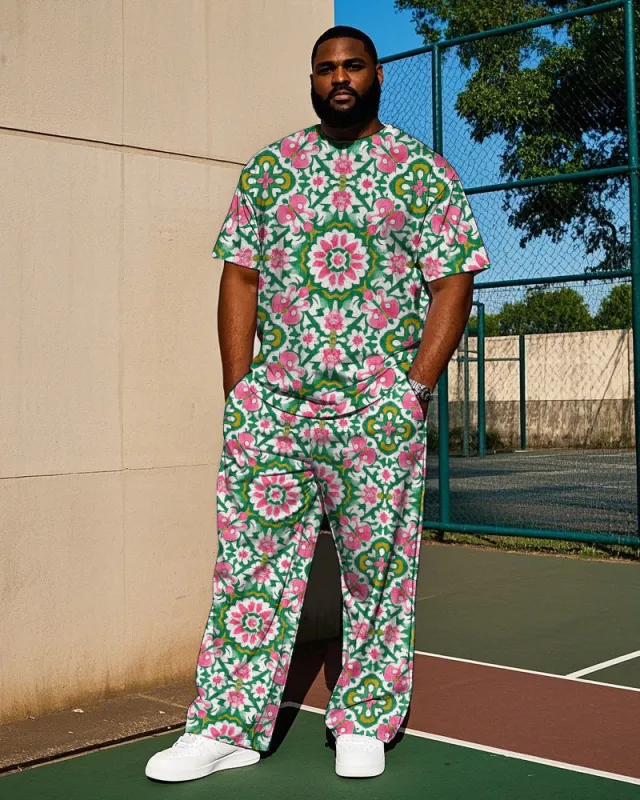 Men's Casual Vintage Floral Folk Printed Big & Tall Short Sleeve T-shirt Pants 2-piece Set sold by Biggmans