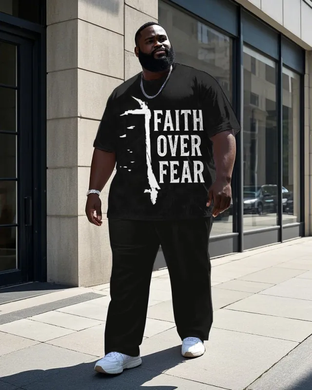 Men's Round Neck Retro FAITH OVER FEAR Printed Big & Tall Short Sleeve T-shirt Pants Set sold by Biggmans