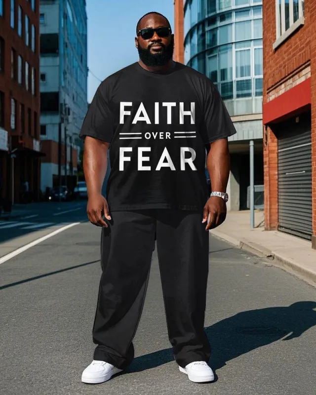 Men's Simple Letter Style FAITH OVER FEAR Short Sleeve T-shirt Pants 2-Piece Set sold by Biggmans