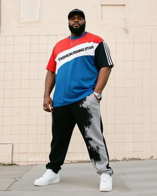 Big Boy's Daily Casual Hierarchical Multi-color Color-matching Crewneck Short-sleeved T-shirt Striped Trousers sold by Biggmans