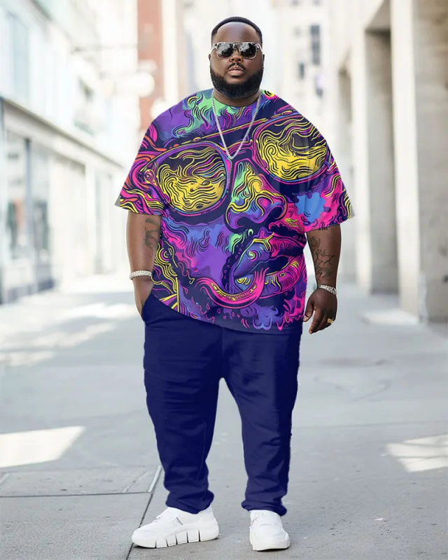 Men's Plus Size Street Fashion Abstract Graffiti Avatar Print T-Shirt Trousers Suit sold by Biggmans
