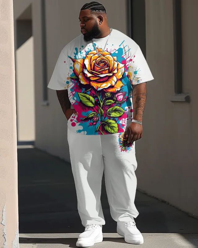 Men's Plus Size Street Fashion Graffiti Rose Print T-Shirt Trousers Suit sold by Biggmans