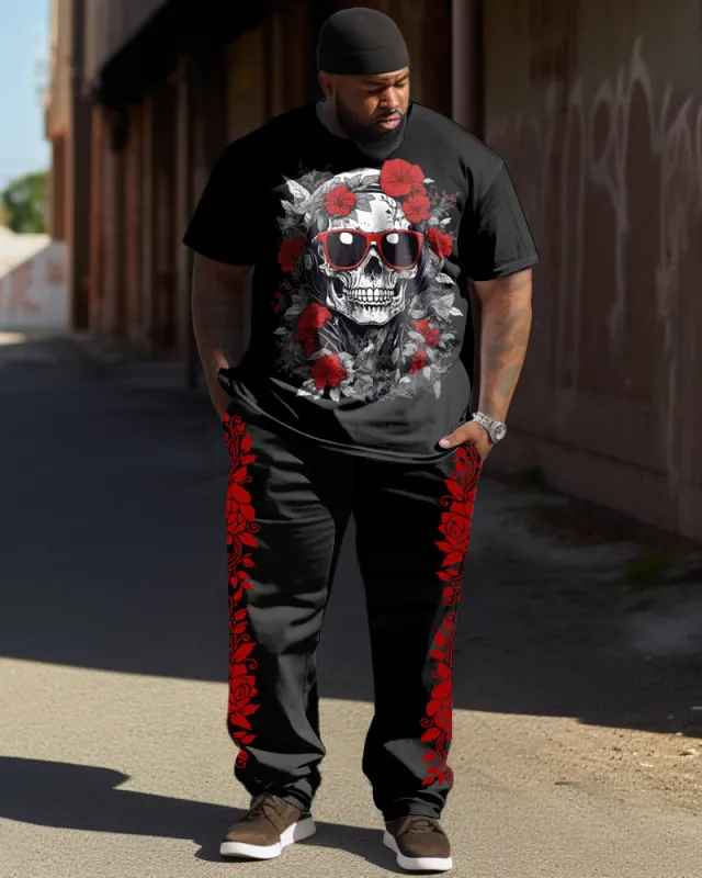 Rose Flower Skull Print T-shirt Trousers Suit Men's Large sold by Biggmans