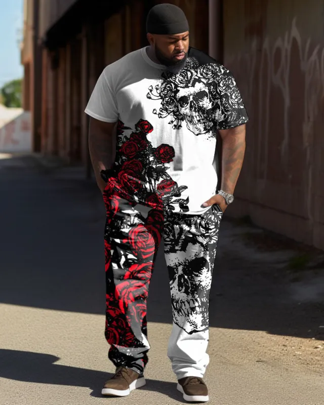 Men's Plus Size Street Fashion Skull Feather Rose Print T-Shirt Trousers Suit sold by Biggmans