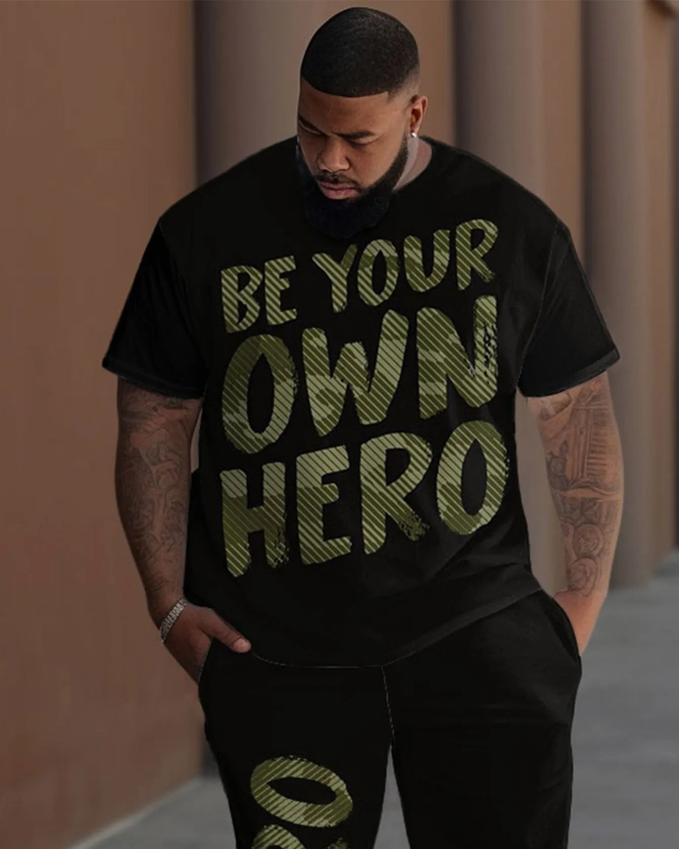 Men's Plus Size Be Your Own Hero Print T-Shirt Trousers Suit sold by Biggmans product image thumbnail 2