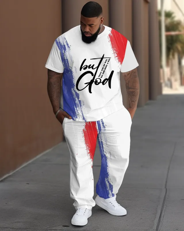 Men's Plus Size Street Fashion Graffiti But God Letter Print T-Shirt Trousers Suit sold by Biggmans