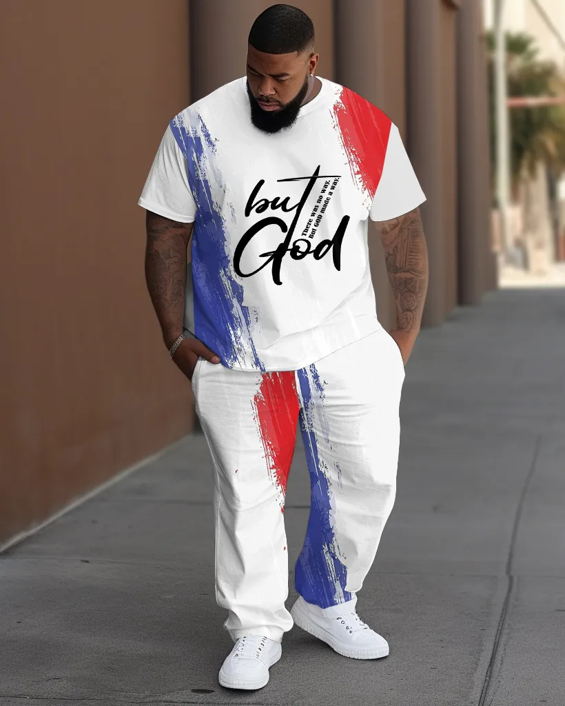 Men's Plus Size Street Fashion Graffiti But God Letter Print T-Shirt Trousers Suit sold by Biggmans