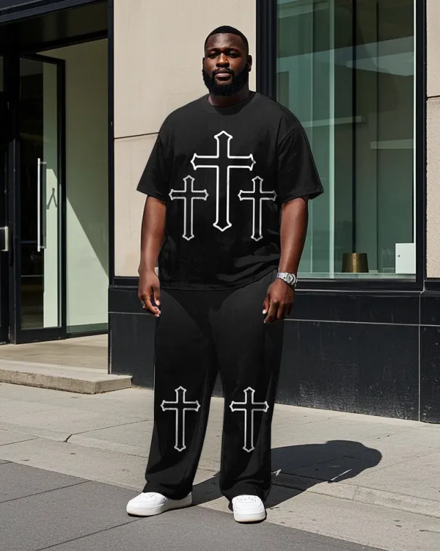 Men's Round Neck Simple Cross Printed Outdoor Big & Tall Short Sleeve T-shirt Pants Set sold by Biggmans