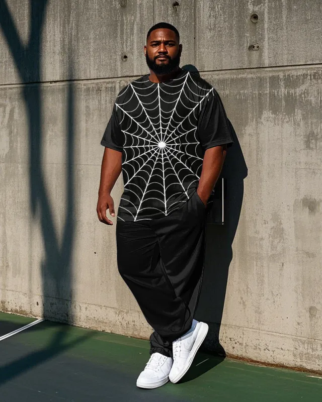 Big Men's 2-Piece Set Simple Spider Web Printed 2-Piece Short Sleeve T-shirt Pants Set sold by Biggmans