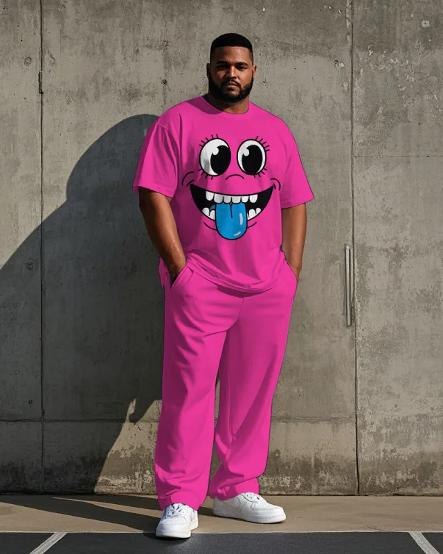 Big Men's Weird Face Cartoon Printed Outdoor 2-Piece Short Sleeve T-shirt Pants Set sold by Biggmans