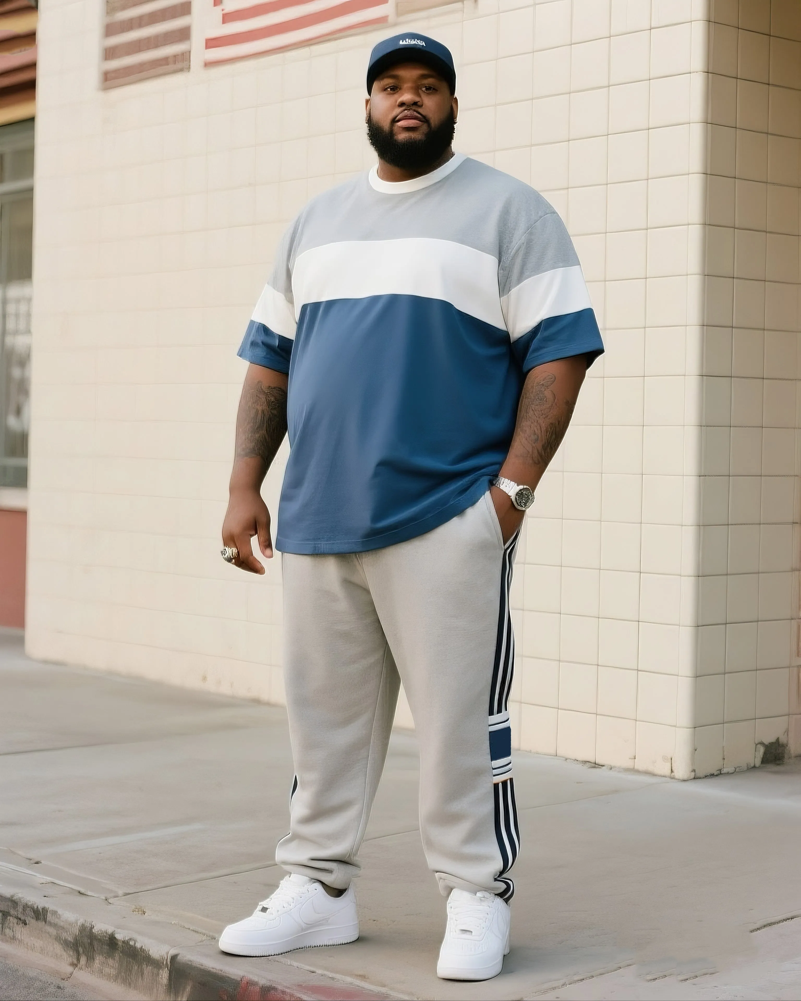 Big Boy's Daily Casual Simple Classic Geometric Color-matching Crewneck Short-sleeve T-shirt Striped Pants sold by Biggmans