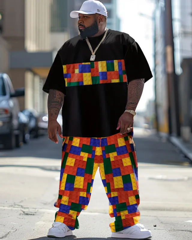 Men's Large Street Casual Building Blocks Patchwork Printed T-Shirt Trousers Suit sold by Biggmans