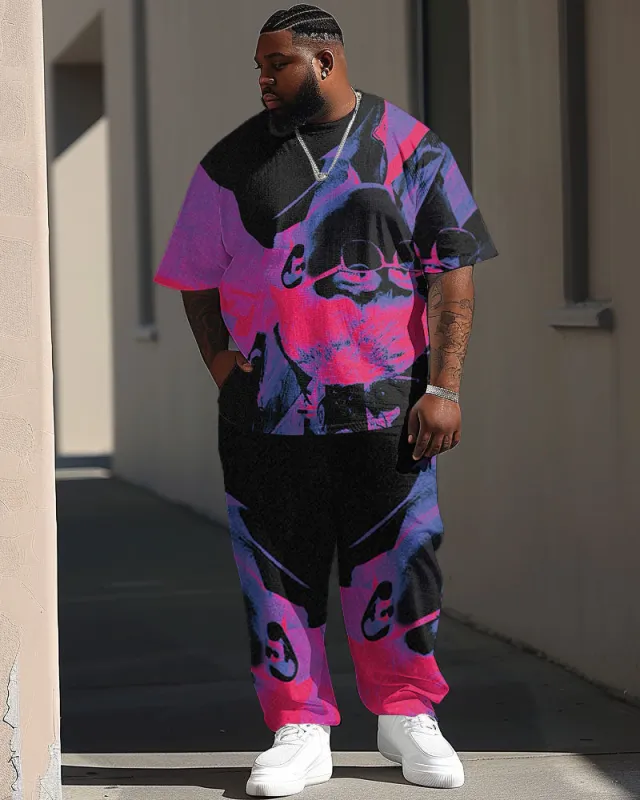 Men's Plus Size Street Casual Thermal Imaging Abstract Printed T-Shirt Trousers Suit sold by Biggmans