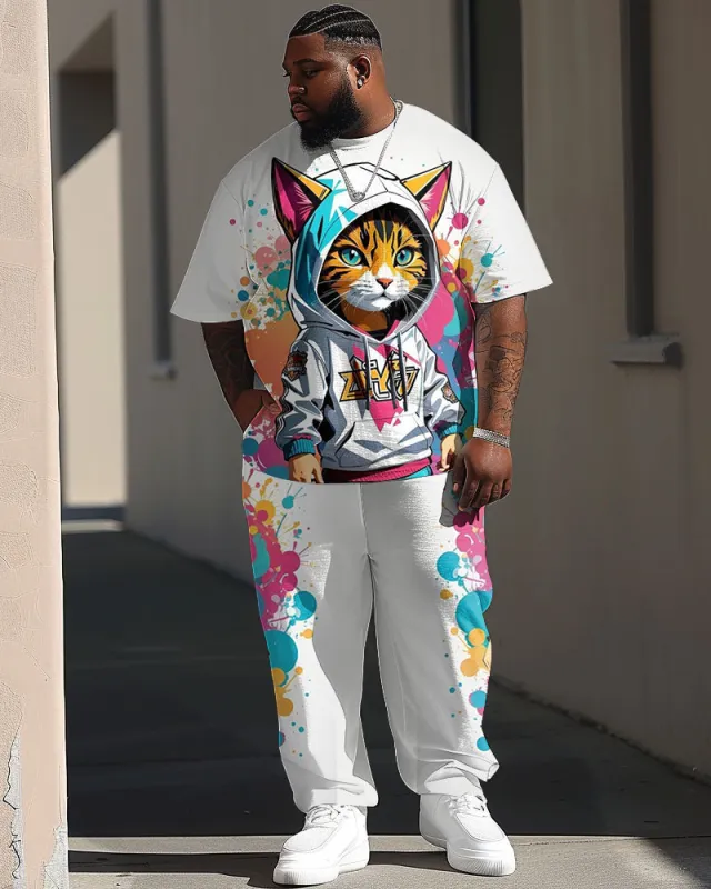 Men's Plus Size Street Fashion Graffiti Cat Print T-Shirt Trousers Suit sold by Biggmans