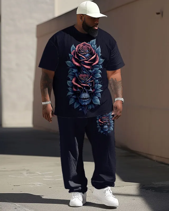 Men's Plus Size Street Fashion Skull Rose Print T-Shirt Trousers Suit sold by Biggmans