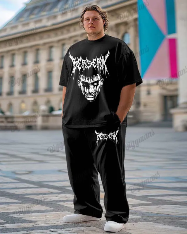 Men's Plus Size Street Fashion Black Rock Graffiti Print T-Shirt Trousers Suit sold by Biggmans