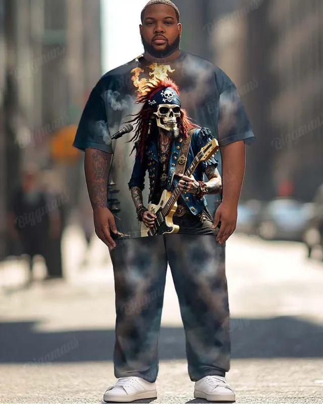 Men's Plus Size Street Fashion Graffiti Guitar Skull Print T-Shirt Trousers Suit sold by Biggmans