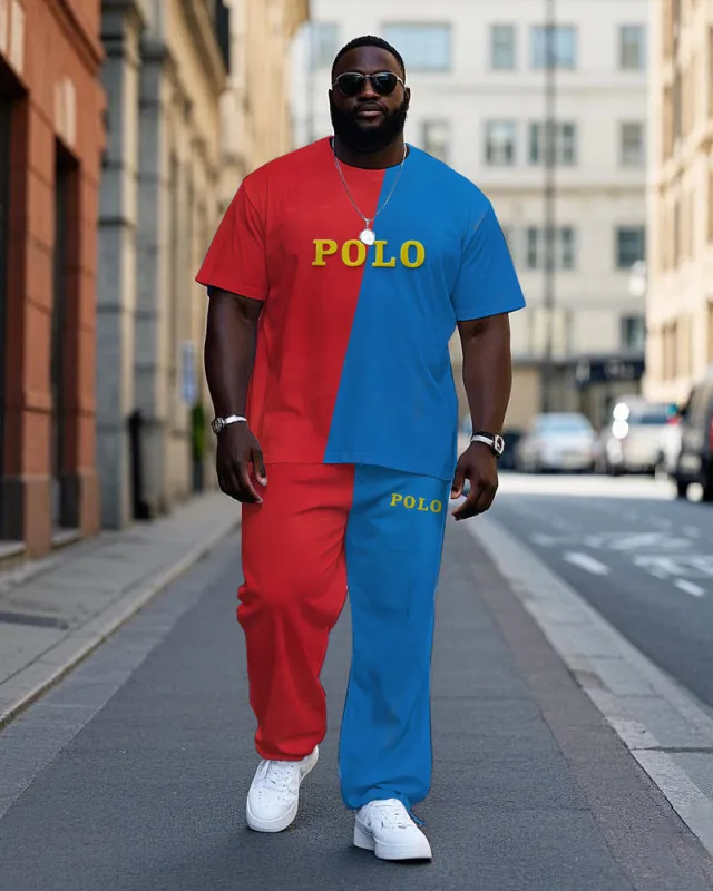 Big Men's Casual Blue & Red Color Block POLO Printed Short Sleeve T-shirt Pants Set with Drawstring sold by Biggmans