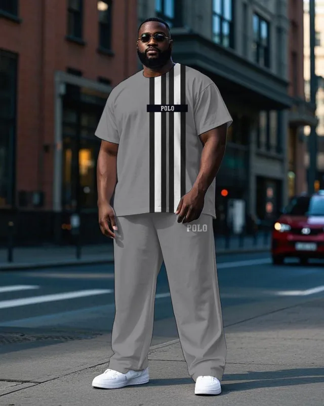 Big and Tall Men's Simple Double Stripe POLO Letter Printed Active Short Sleeve T-shirt Pants Set sold by Biggmans