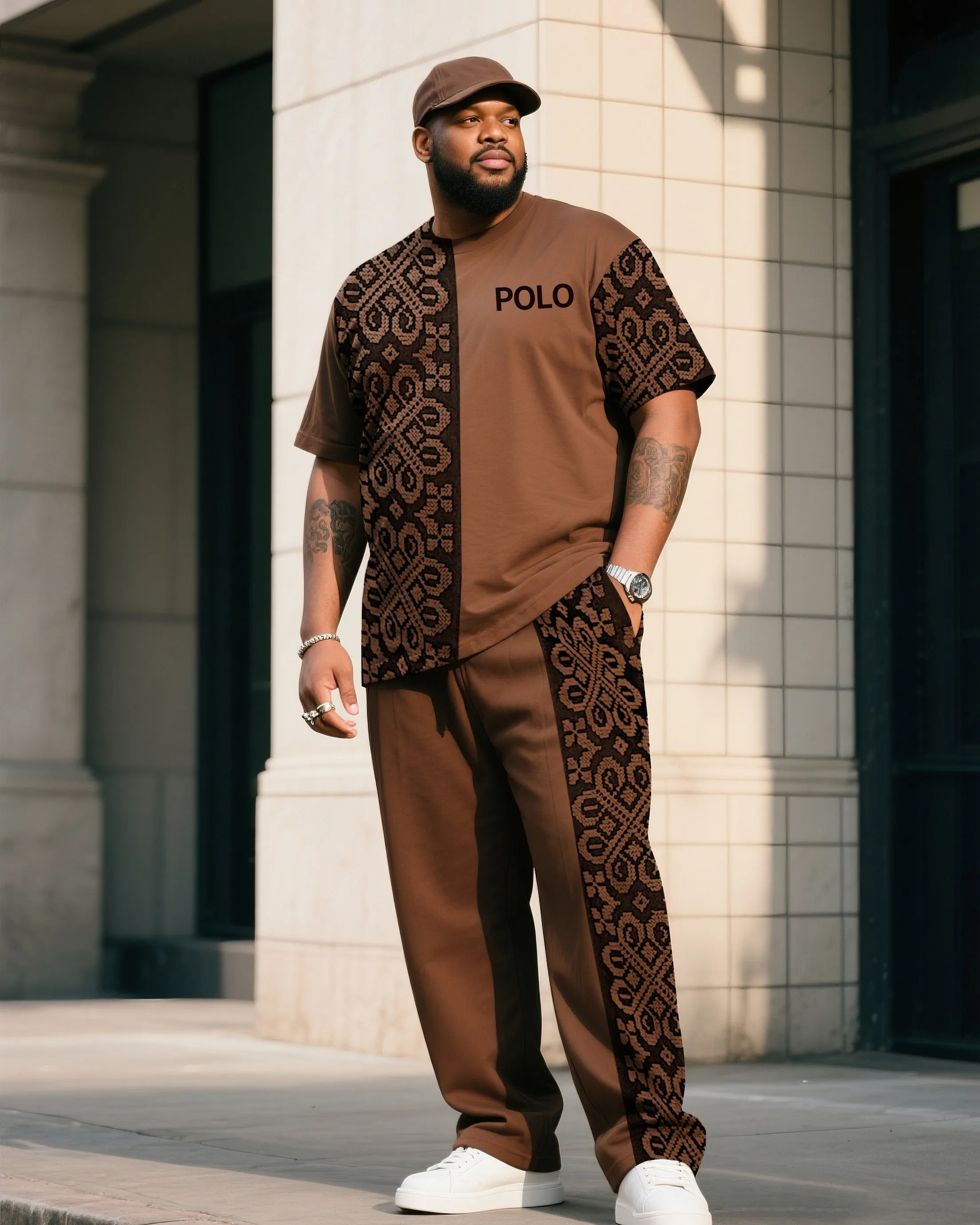 Big Boy Daily Leisure Retro Impression Painting Creative Stitching Texture POLO English Short-sleeved Trousers Suit sold by Biggmans