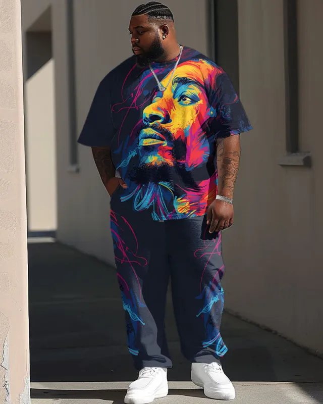 Men's Plus Size Street Fashion Abstract Graffiti Tribute Singer Print T-Shirt Trousers Suit sold by Biggmans