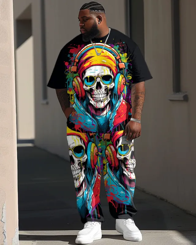 Men's Plus Size Street Fashion Graffiti Skull Print T-Shirt Trousers Suit sold by Biggmans