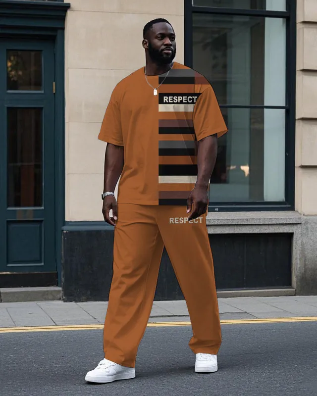 Men's Big & Tall Retro Splicing Stripe Style Letter RESPECT Printed Casual Short Sleeve T-shirt Pants Set sold by Biggmans