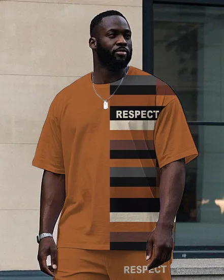 Men's Big & Tall Retro Splicing Stripe Style Letter RESPECT Printed Casual Short Sleeve T-shirt Pants Set sold by Biggmans product image thumbnail 2