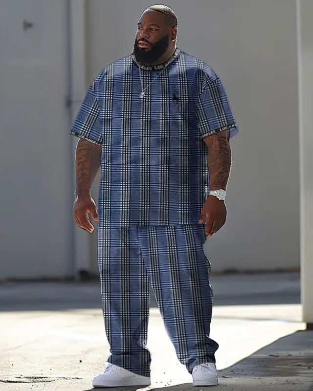 Men's Large Simple Plaid Patchwork Letter Neck Printed T-Shirt Pants Suit sold by Biggmans