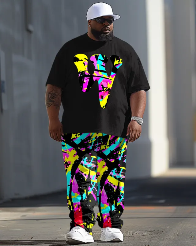 Men's Plus Size Casual Collision Color Letter Pattern Printed T-shirt Trousers Suit sold by Biggmans