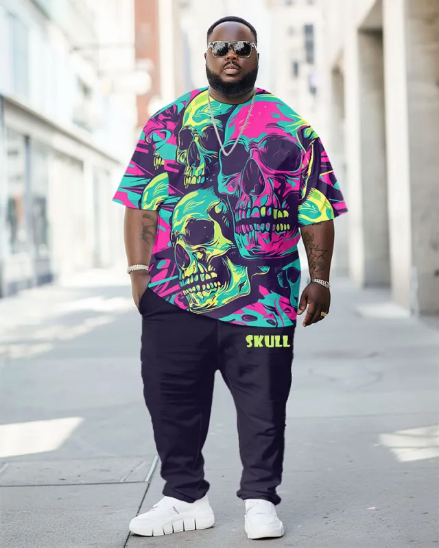 Men's Plus Size Street Fashion Abstract Graffiti Skull Print T-Shirt Trousers Suit sold by Biggmans