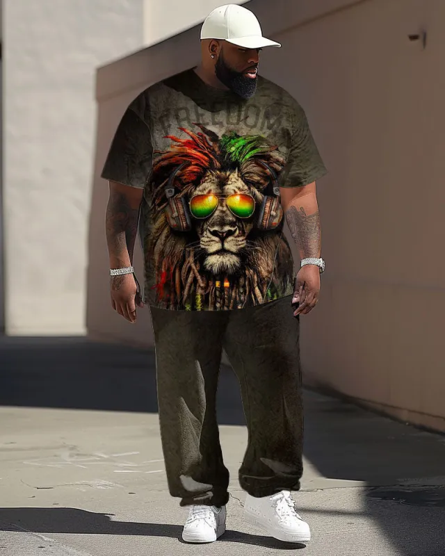 Men Plus Size Street Fashion Graffiti Lion Print T-Shirt Trousers Suit sold by Biggmans
