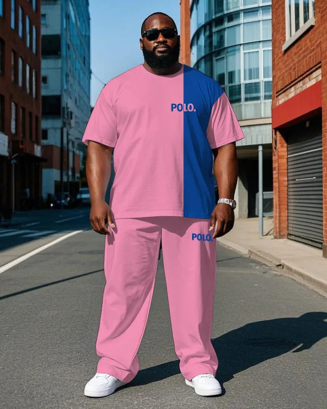 Big Men's Blue & Pink Color Block POLO Printed Casual Short Sleeve T-shirt Pants Set with Drawstring sold by Biggmans