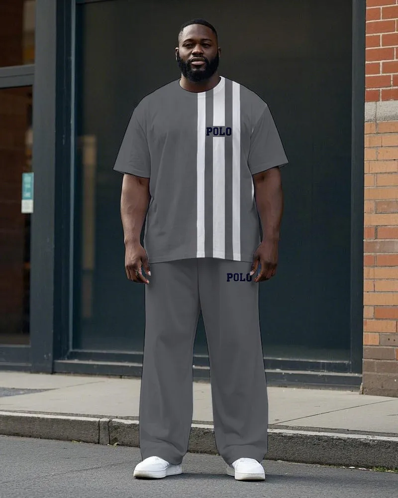 Men's Big Size Simple Fashion Stripe POLO Letter Printed Casual Short Sleeve T-shirt Pants Set sold by Biggmans