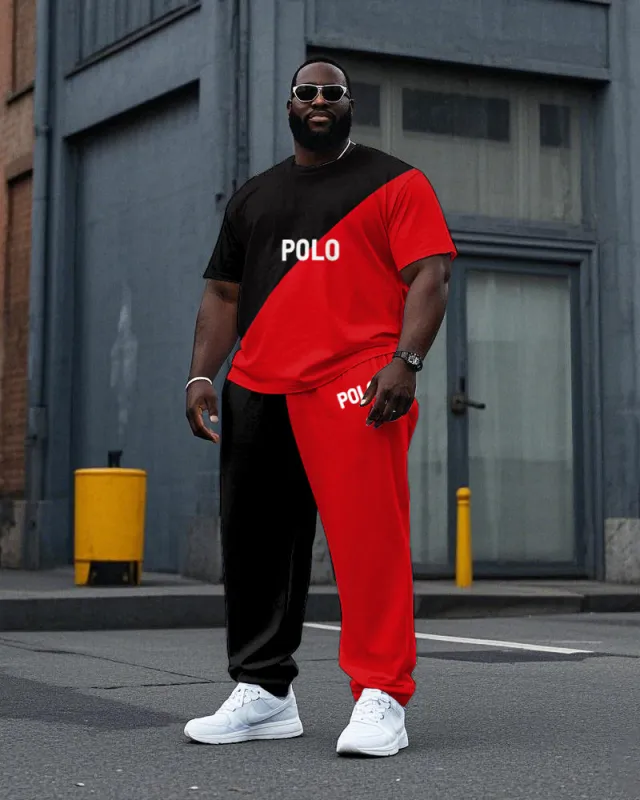 Big Men's Casual Red and Black Color Block POLO Printed Short Sleeve T-shirt Drawstring Pants Set sold by Biggmans