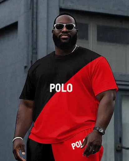 Big Men's Casual Red and Black Color Block POLO Printed Short Sleeve T-shirt Drawstring Pants Set sold by Biggmans product image thumbnail 2