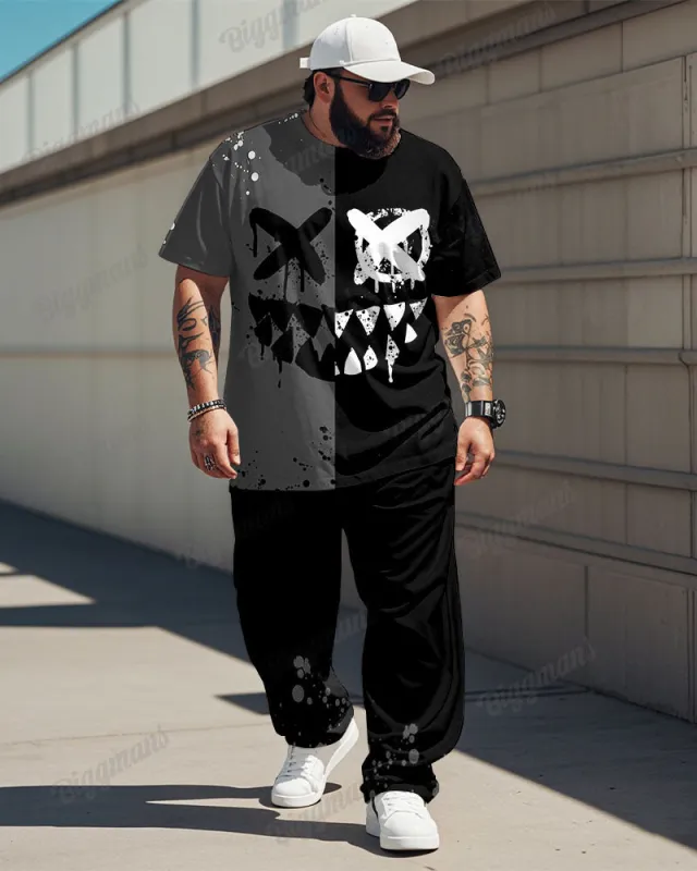 Men's Big & Tall Black Gray Color Block Graffiti Expression Print T-shirt Trousers Set sold by Biggmans