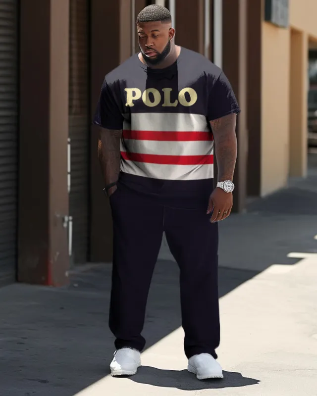 Big & Tall Men's Striped Color Matching Sports And Leisure Two-Piece Set sold by Biggmans