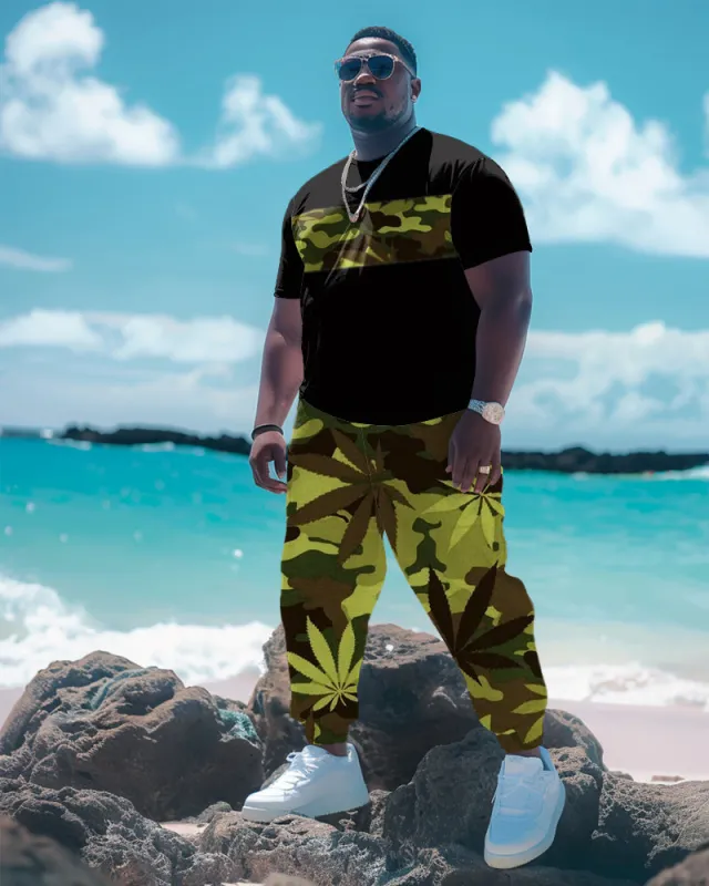 Men's Big & Tall Camouflage Leaves Stitching T-shirt Trousers Set sold by Biggmans