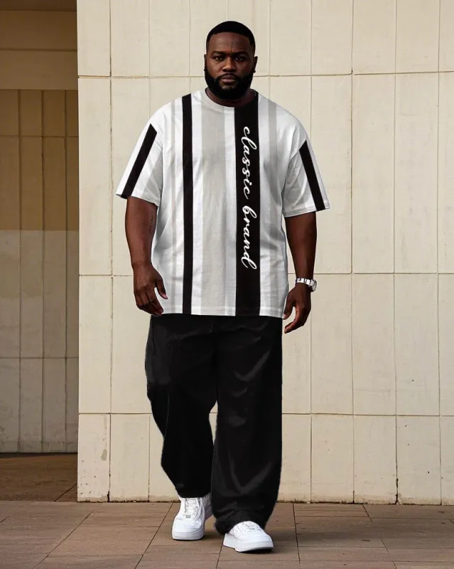 Men's Big & Tall Slim Striped Letter Printed Short-sleeved T-shirt Trousers Set sold by Biggmans