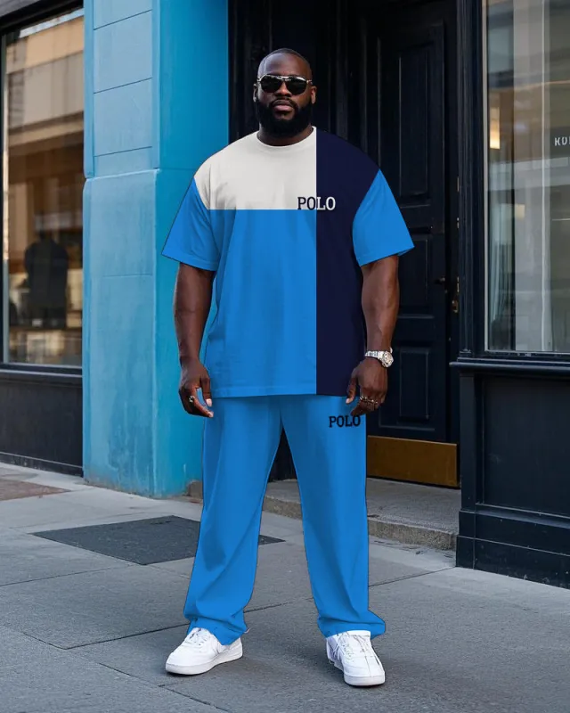 Big Men's Casual Splicing Blue Color Block POLO Printed Short Sleeve T-shirt Drawstring Pants Set sold by Biggmans