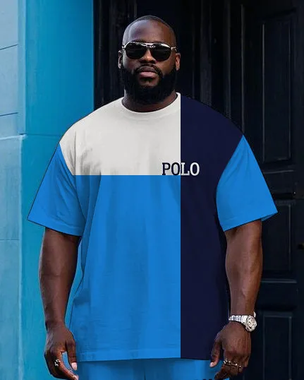 Big Men's Casual Splicing Blue Color Block POLO Printed Short Sleeve T-shirt Drawstring Pants Set sold by Biggmans product image thumbnail 2