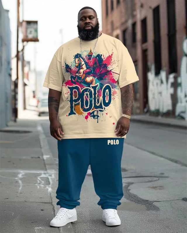 Men's Big and Tall Street Fashion Polo Letter Khaki Knight Print T-Shirt Trousers Set sold by Biggmans