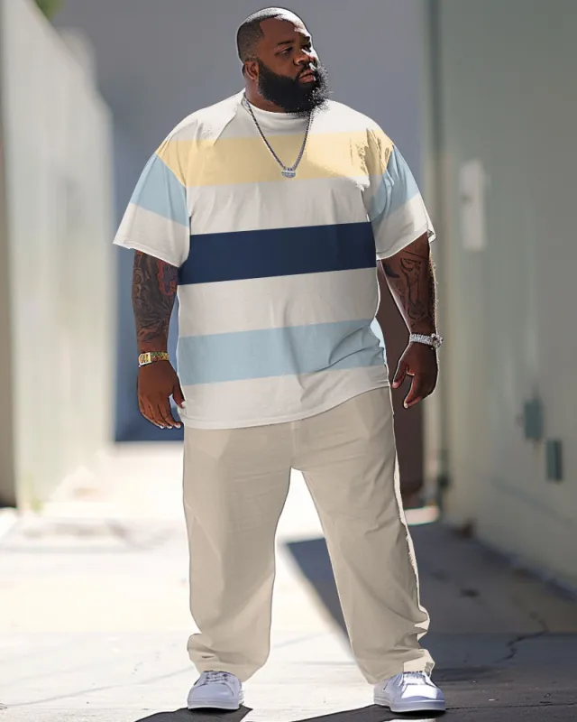 Men's Plus Size Simple Striped Color Block Printed T-shirt Trousers Set sold by Biggmans
